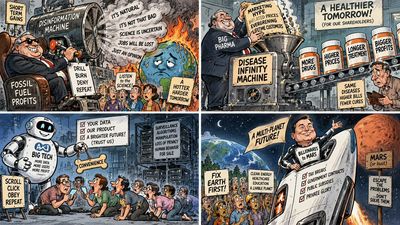 Caricatured Scientist Struggles with Broken Machine in Editorial Cartoon Grid