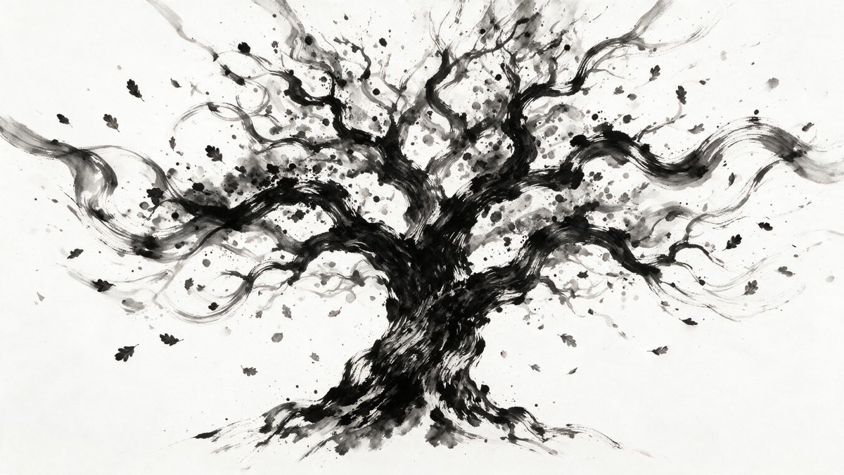 Ancient oak tree explodes from black sumi-e ink brushstrokes