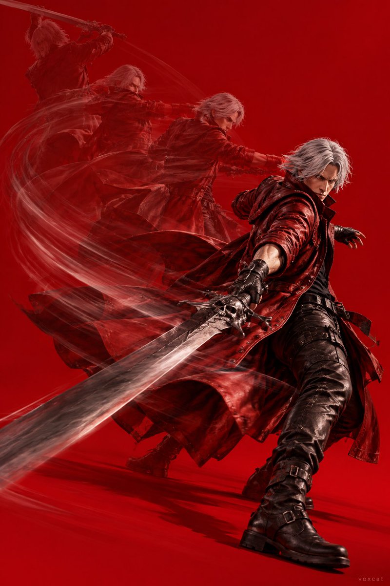 Swordswoman swings through five fading positions on red stage